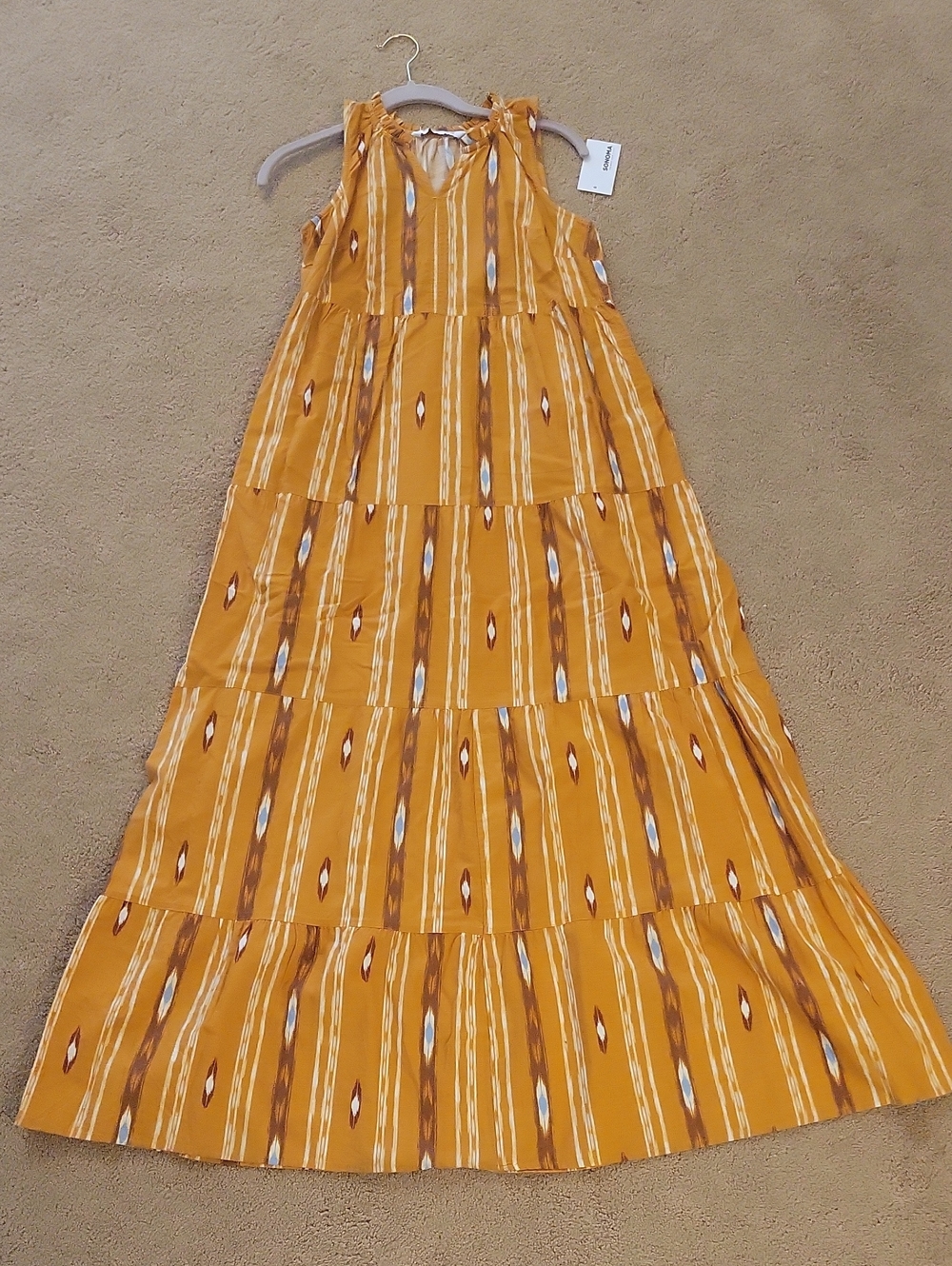 Sonoma Dress XS Mustard Gold Maxi Ikat Stripe Tiered Sleeveless Pockets Sundress